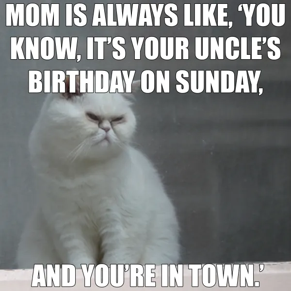 mom is always like, "You know, it's your uncle's birthday on Sunday, and you're in town"